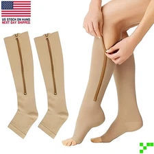Zipper Compression Socks Open Toe 20-30mmHg Support Stocking Leg Calf Stockings