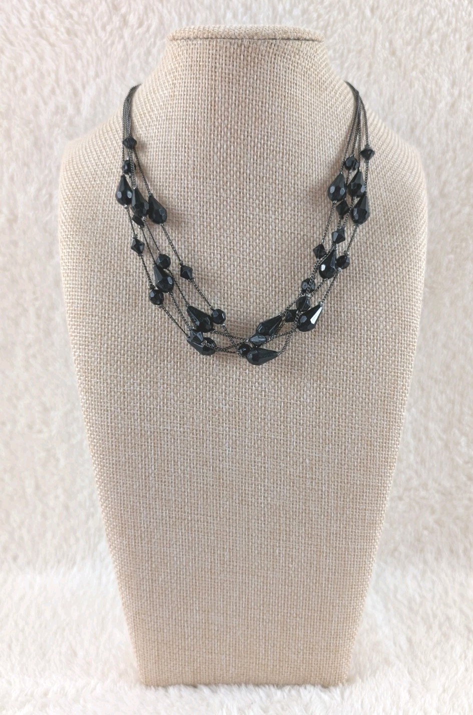 Icing Black Bead Layered Necklace Multi Strand Faceted Glass Gunmetal Chain