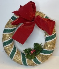 Handcrafted Straw Christmas Wreath Cottage Red Ribbon Faux Greenery 13-1/2 inch