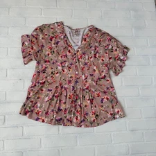 DOLAN Anthropologie Pink Taupe Flower Print Peplum Flutter Top sz L