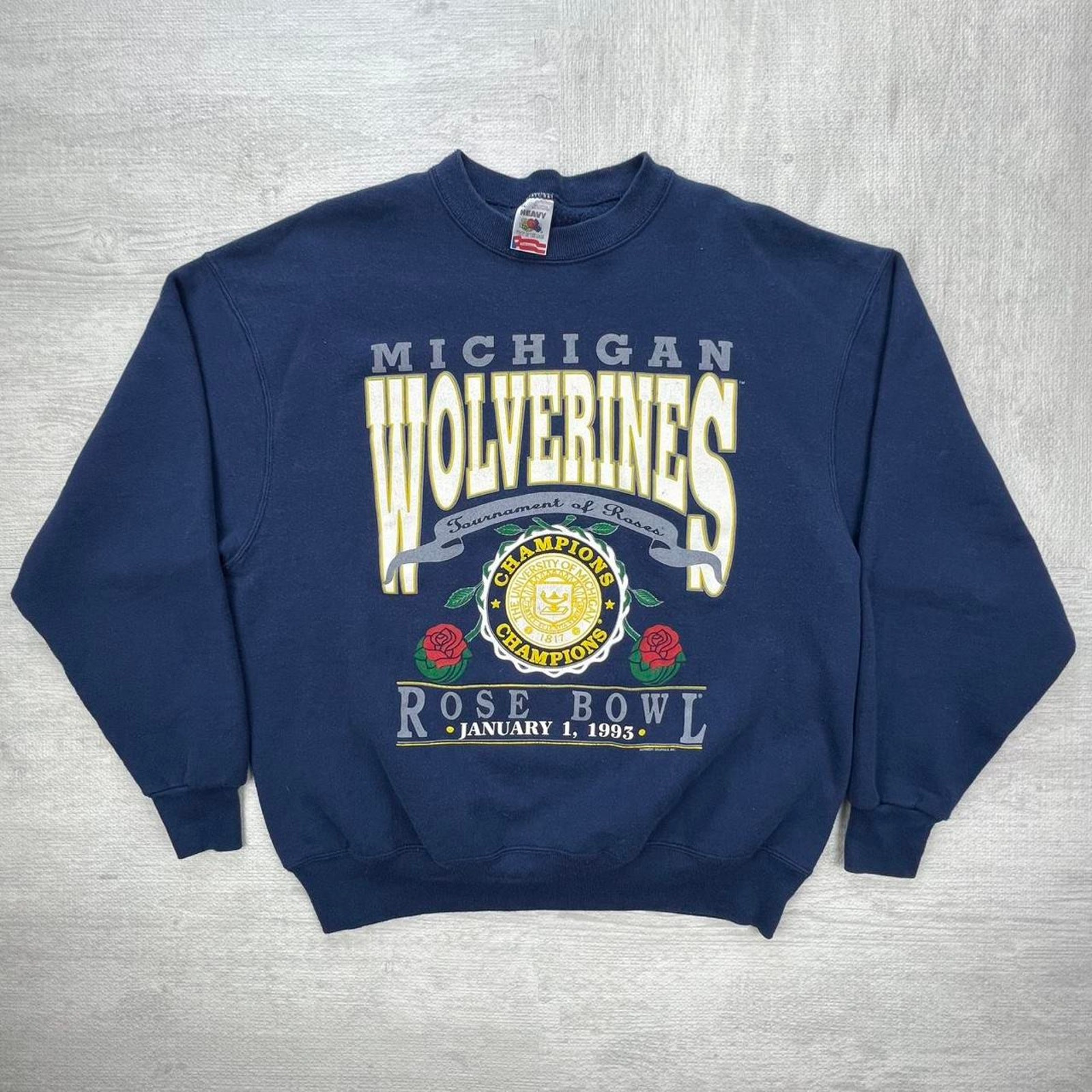 Vintage 90s 1993 Michigan Wolverines Rose Bowl Sweatshirt Size: XL Blue Yellow