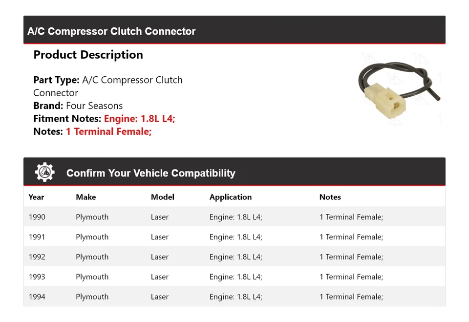 Conector de embrague compresor aire acondicionado L4 1,8 L láser Plymouth 1990-1994 4 estaciones Foto 2 de 4