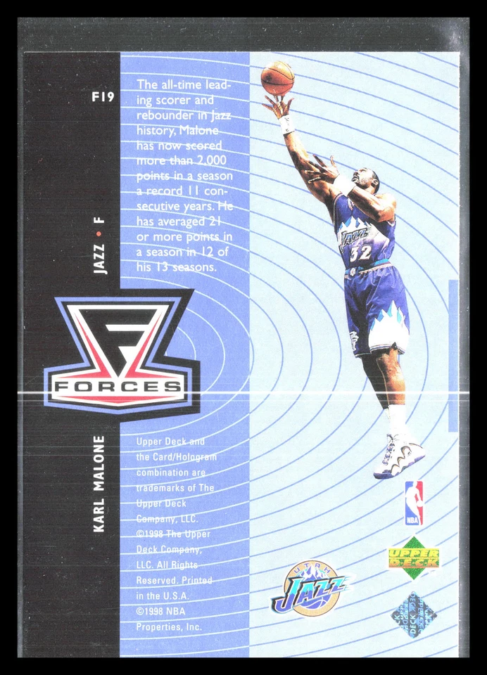 Karl Malone 1998 Upper Deck #F19    Forces Utah Jazz - Image 2 of 2
