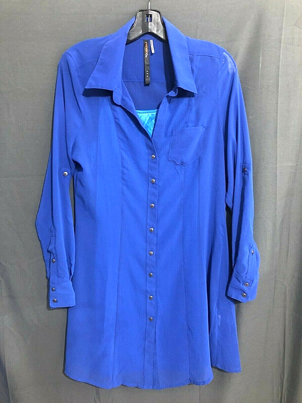 RENEE C. Trendy CHIFFON Button-Up Shift Shirt Dress w/Slip VIBRANT ROYAL BLUE M