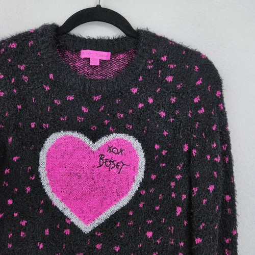 Betsey Johnson Sweater Girls 14 Black Pink Hearts Crew Neck Pullover Youth Kids - Picture 2 of 10