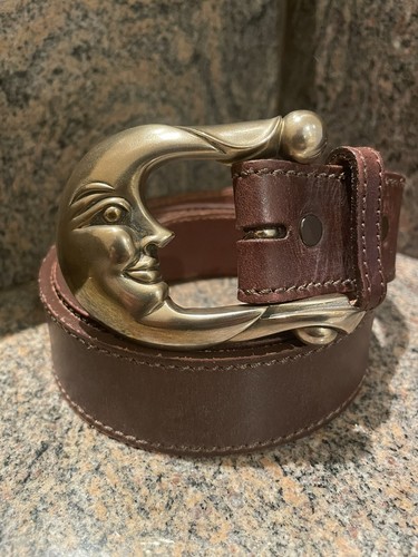 HUGE! Kieselstein-Cord Sterling Gold Plated Moon Buckle W Brown Leather Belt Sz3