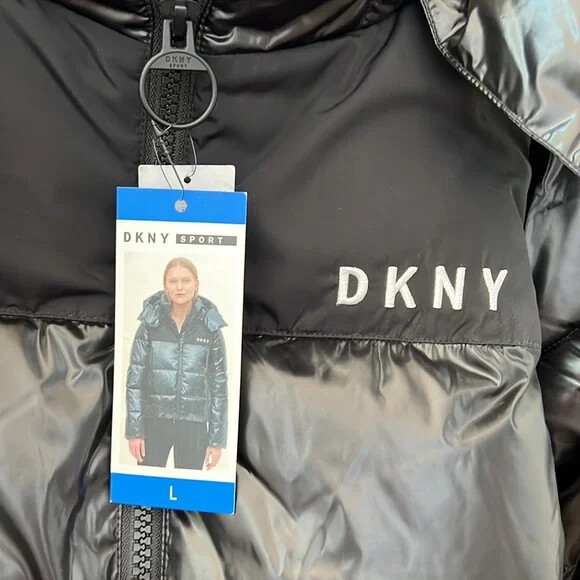 New DKNY Sports Women's High Shine Puffer Jacket, Black Size
