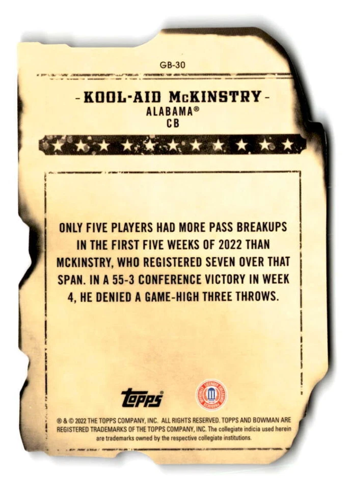 2022 Bowmans Best University Gunslingers Die-Cut GB30 Kool-Aid McKinstry Alabama - Image 4 of 4