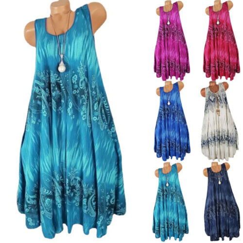 Woman's Sleeveless Boho Dresses Ladies Summer Beach Holiday Sundress Plus Size↑ - Picture 1 of 17