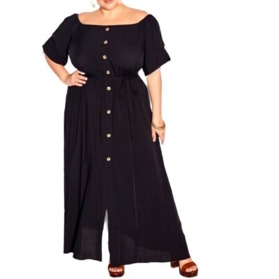 black off the shoulder maxi dress plus size Plus Size Fitted Off Shoulder Slit Gown by Poly USA W1118