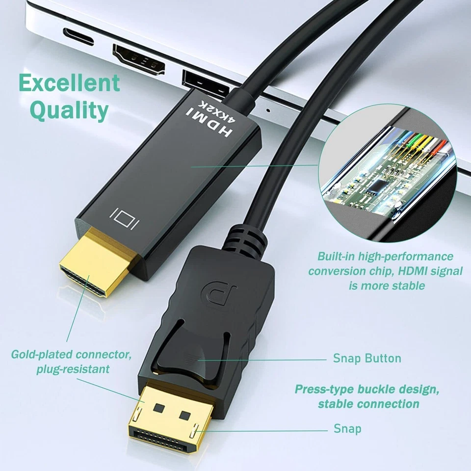 Display Port to HDMI Cable DP Adapter Converter Audio Video PC HDTV 1080P 60Hz - Image 2 of 4
