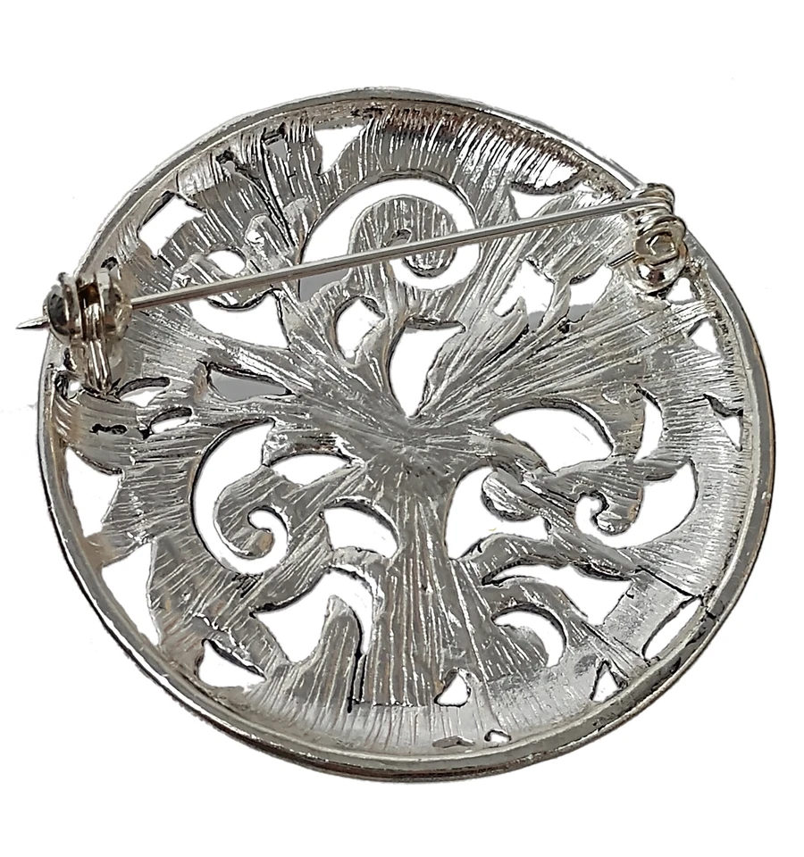 Silver Tone Openwork Leaves Nature Large Round Decorative Brooch Pin 1 3/4" - Image 3 of 4