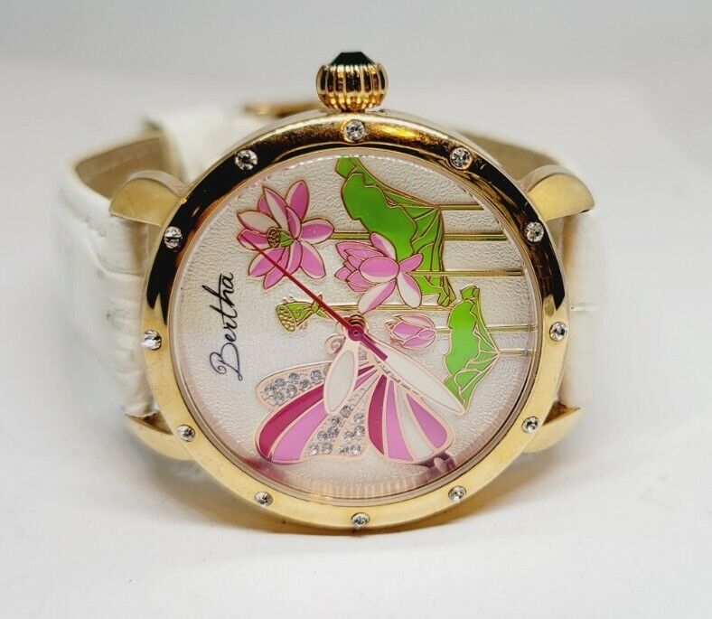 Bertha Butterfly Isabella Leather Band Watch Pink & White
