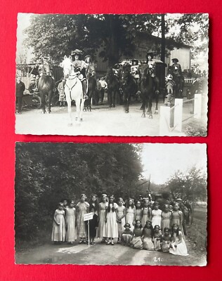 2 x occasion photo postcard Freiberg around 1930 parade with types in costumes (140172