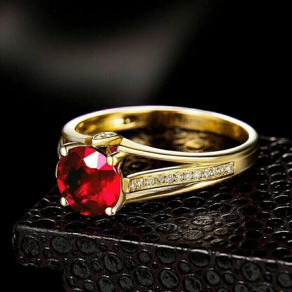 2Ct Round Cut Lab Created Red Ruby Women's Wedding Rings 14K Yellow Gold Plated - Image 4 of 4