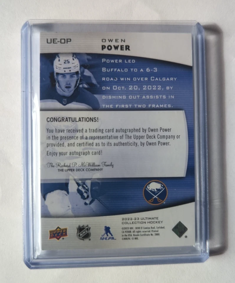 2022-23 Upper Deck Ultimate Collection Emblems Rookies Owen Power #UE-OP Auto RC - Image 2 of 2