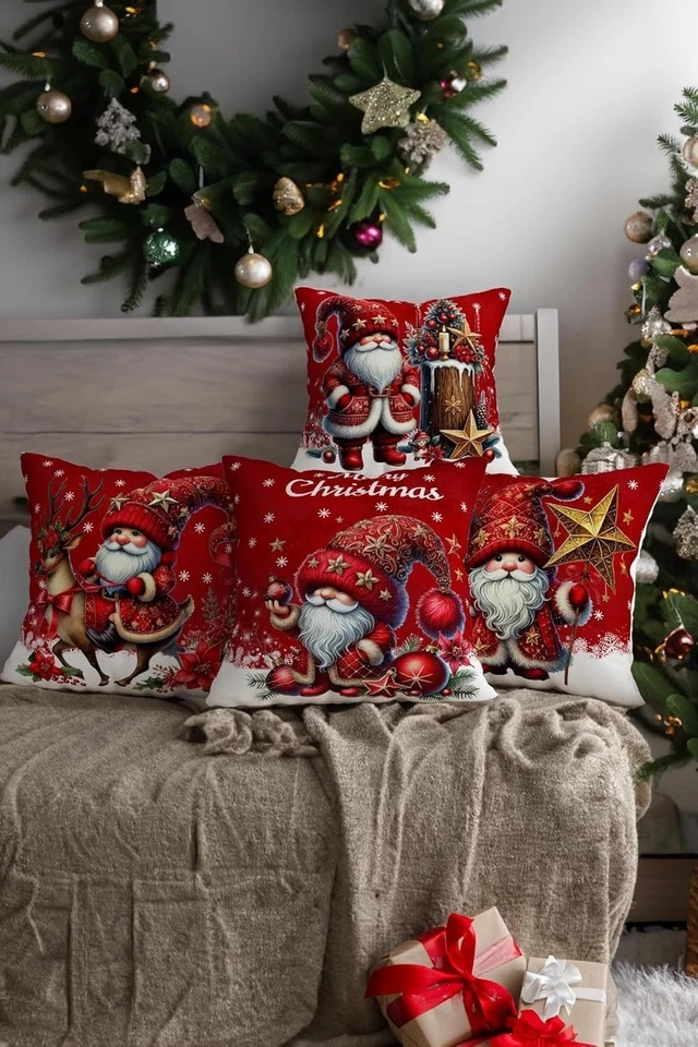 Elegantes Fundas de Almohada de Terciopelo Rojo Navidad Gnomo - Juego Esponjoso de 4 (17" x 17") Foto 2 de 2