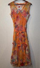 JOHNNY WAS 100 Silk Maxi Dress Sz S Orange Floral Tiered Lined Boho Ribbon Slip