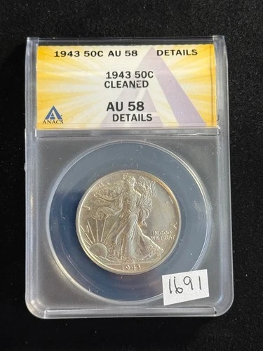 1943 D WALKING LIBERTY Silver HALF DOLLAR Coin 50c ANACS AU 58 AU58 DETAILS 1691