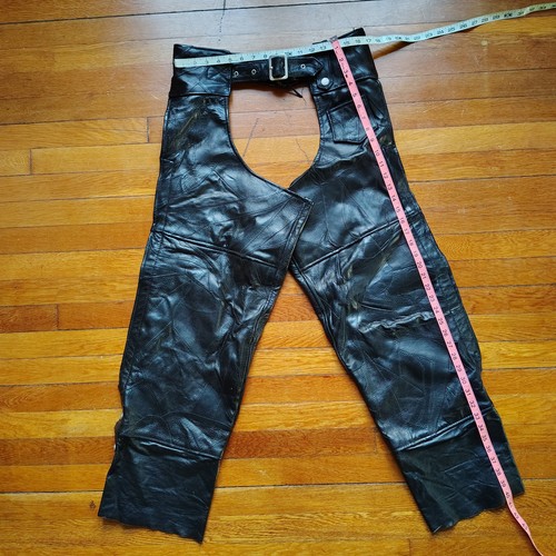 Black Leather Patchwork Vtg Motorcycle Chaps Men Women Biker Riding Pants Small - Bild 5 von 8