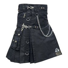 Men's Black Gothic Kilt - Gothic Tactical Cotton Kilt with Detachable Pockets