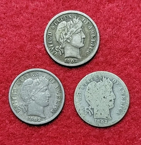 1902 AG VF & VF Detail Silver Barber 10c Dime Lot of 3