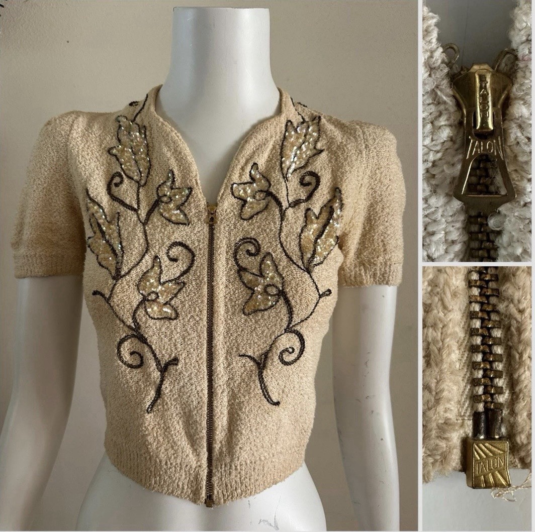 1930s Boucle Sequin Cardigan Sweater Talon Bell Z… - image 1