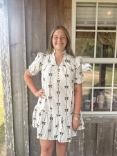 Beige Cute Bowknot Printed Bubble Sleeve V Neck Mink Dress