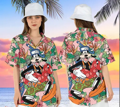 Disney Goofy Dive Movie Disney Hibiscus Tropical Beach Aloha Shirt