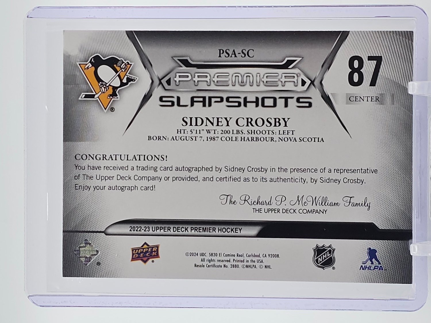 SIDNEY CROSBY 2022-23 UPPER DECK PREMIER SLAPSHOTS GOLD AUTO /10 #PSA-SC Q0859 view 2