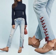 Anthropologie Pilcro Velvet Tie Laced Mid Rise Slim Straight Jeans Size 25