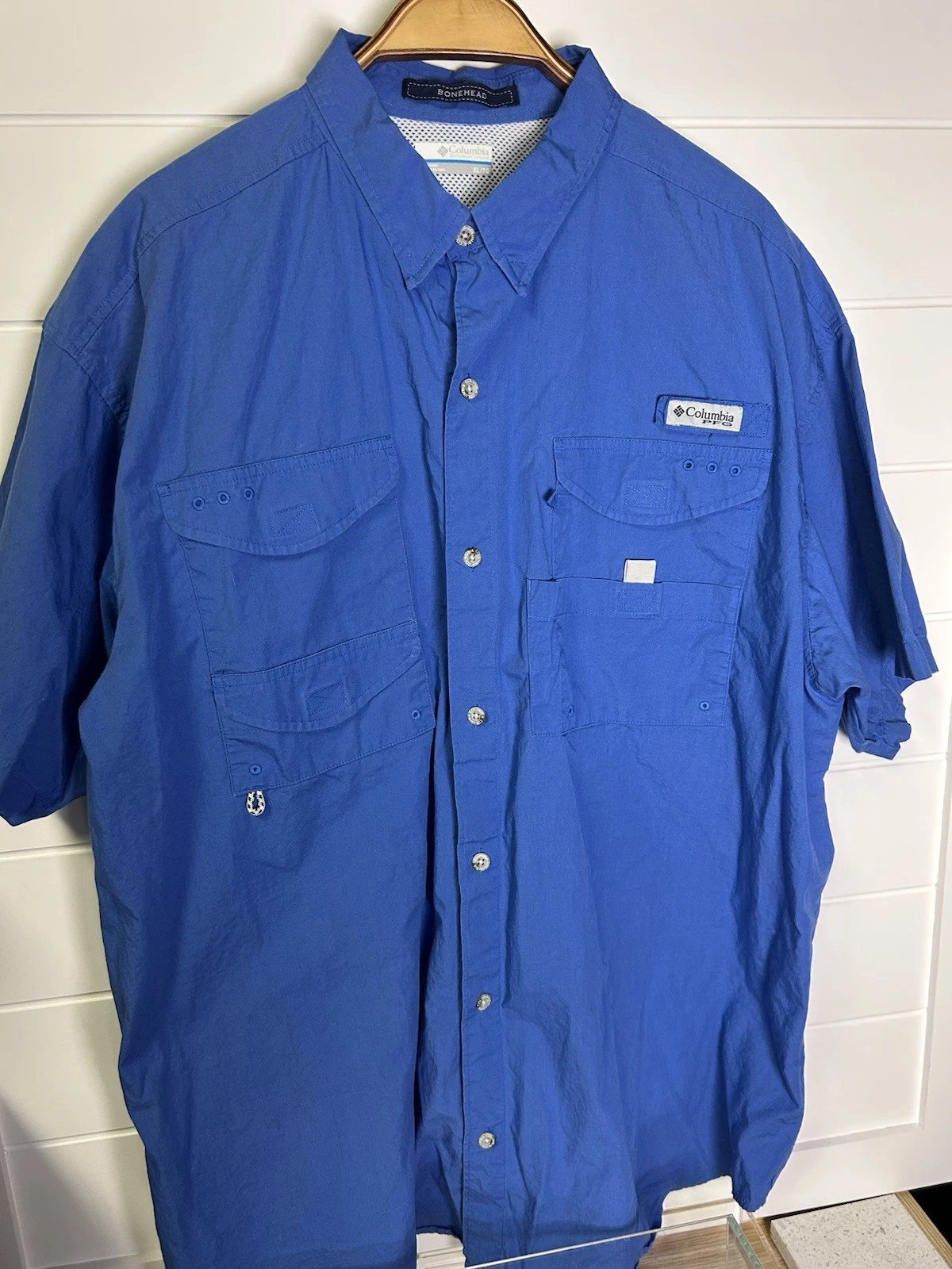 Columbia Fishing Shirt BONEHEAD Mens XL Short Sleeve Vents Pockets Blue NEW