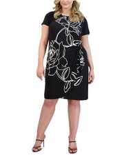 Robbie Bee Womens Floral-Print Wrap Midi Dress, Black, Plus Size, 1X
