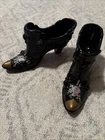 Vintage Fenton Black Slipper Shoe Set With Hand Painted Cabbage Rose