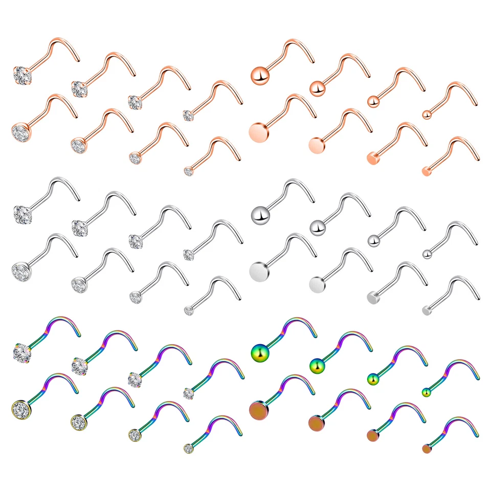 16件装手术钢鼻钉环球/平/CZ螺丝L鼻骨钉套装20G — 第 4/4 张图片