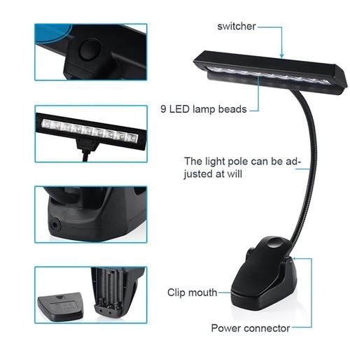 9 LED Flexible Clip-on Music Stand Reading Light Bed Table Desk Lamp Black - Picture 5 of 12