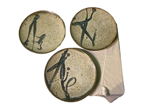 3 Signed Glazed Stoneware Speckled Grey, Blue, & Brown 10.25” Plates-SEE DETAILS