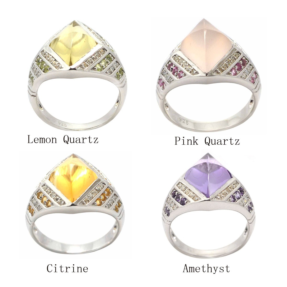 De Buman Pink Quartz, Citrine, Amethyst or Lemon Quartz Sterling Silver Ring