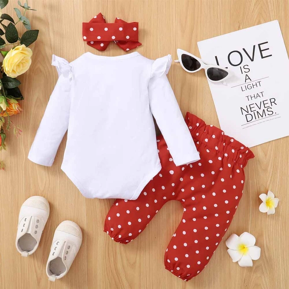 3PCS Newborn Baby Girl Polka Dot Romper Bodysuit Pants Headband Clothes Outfits - Image 3 of 4