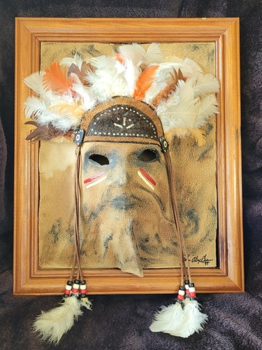 Leather Face Mask of Native American, framed, signed and dated