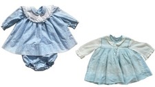 2 VINTAGE 12 - 24 months baby doll dresses Polly Flinders blue frilly ruffles