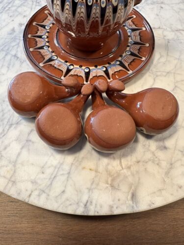 6 Pc. Bulgarian Trogen Redware Clay Pottery Decanter Set Folk Design - Picture 4 of 11