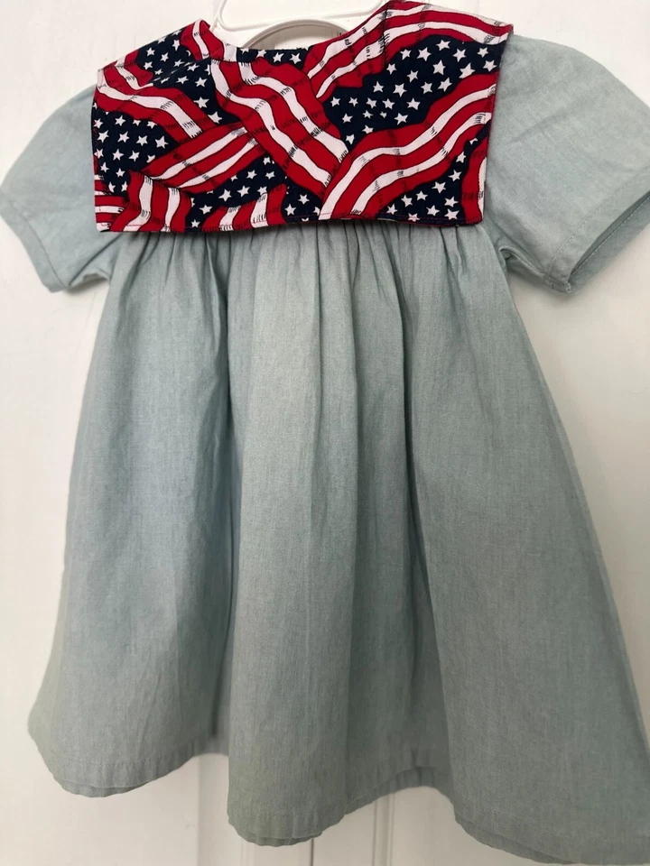Vestido de Algodón Denim Azul Claro Bandera Patriótica Vintage Copper Key Niñas Pequeñas 2T Foto 3 de 4