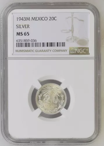 1943M Mexico 20 Centavos NGC MS65 .720 Silver