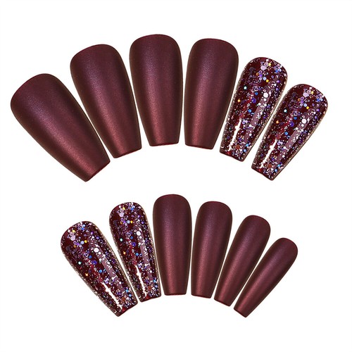 Wine Red Glitter False Nail Long Coffin Press on Nails for Nail Art 24pcs - Picture 2 of 4