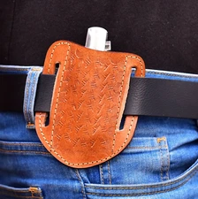 Round Leather 5" Trapper Folding Blade Knife Belt Sheath Holster Pocket Knife