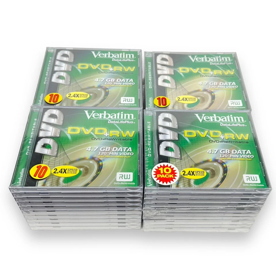 Verbatim DVD + RW Rewritable 4.7 Gb Video Discs W/ Jewel Cases Lot Of 40 Sealed - Image 3 of 4