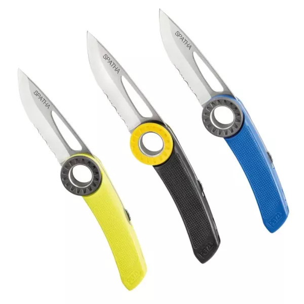 Cuchillo Petzl SPATHA mosquetón escalada trabajo en altura corte cuerdas correas emergencia
