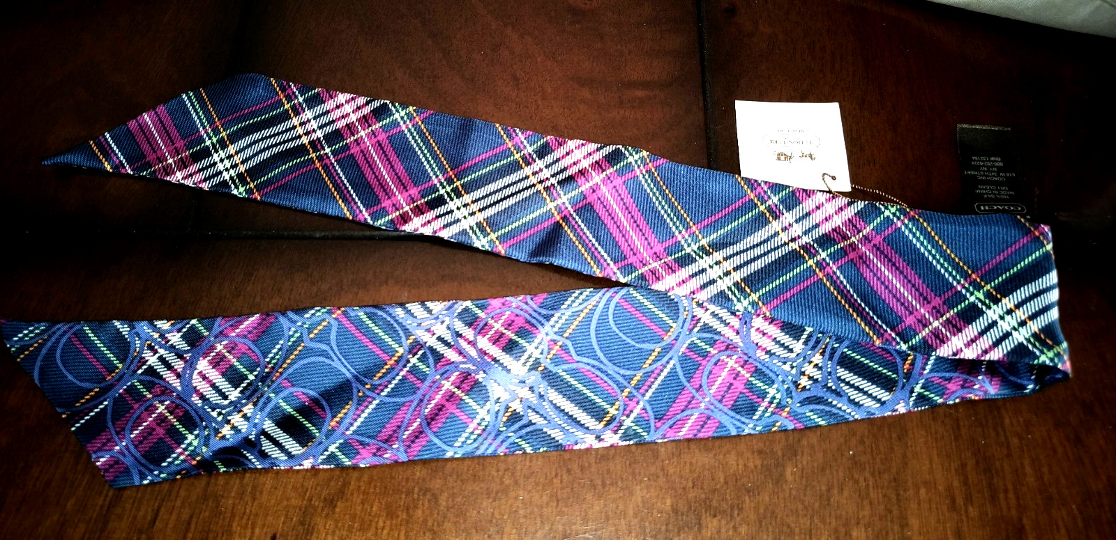 NWT COACH *RARE* SIGNATURE TARTAN PLAID SILK PONY SCARF MULTI COLOR NAVY BLUE image 6