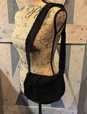 Vintage Black Suede Leather Crochet Shoulder Bag - 60s, Bohemian